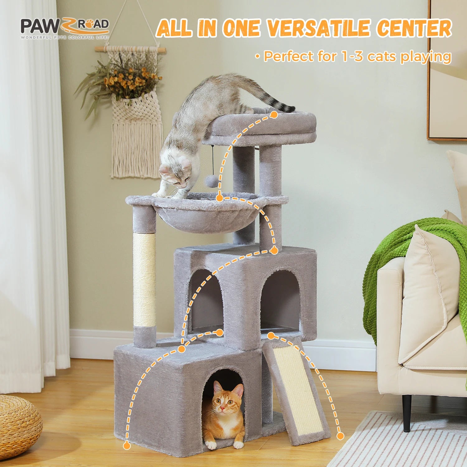 PAWZ Road Large Multi-Level Cat Tree with Condo and Hammock