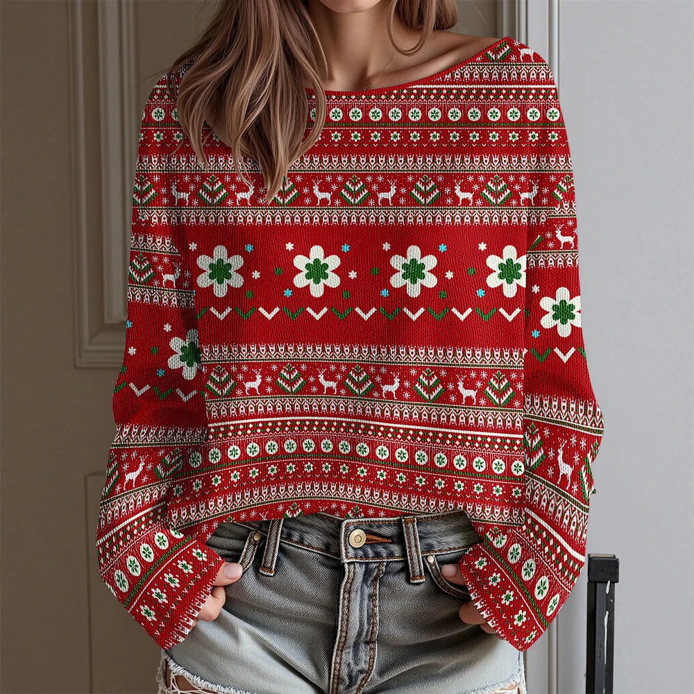 Dachshund Ugly Christmas Party T-Shirt Women's Sexy Off-Shoulder Long Sleeve Top Funny Xmas Dog Print Holiday Blouse Plus Size