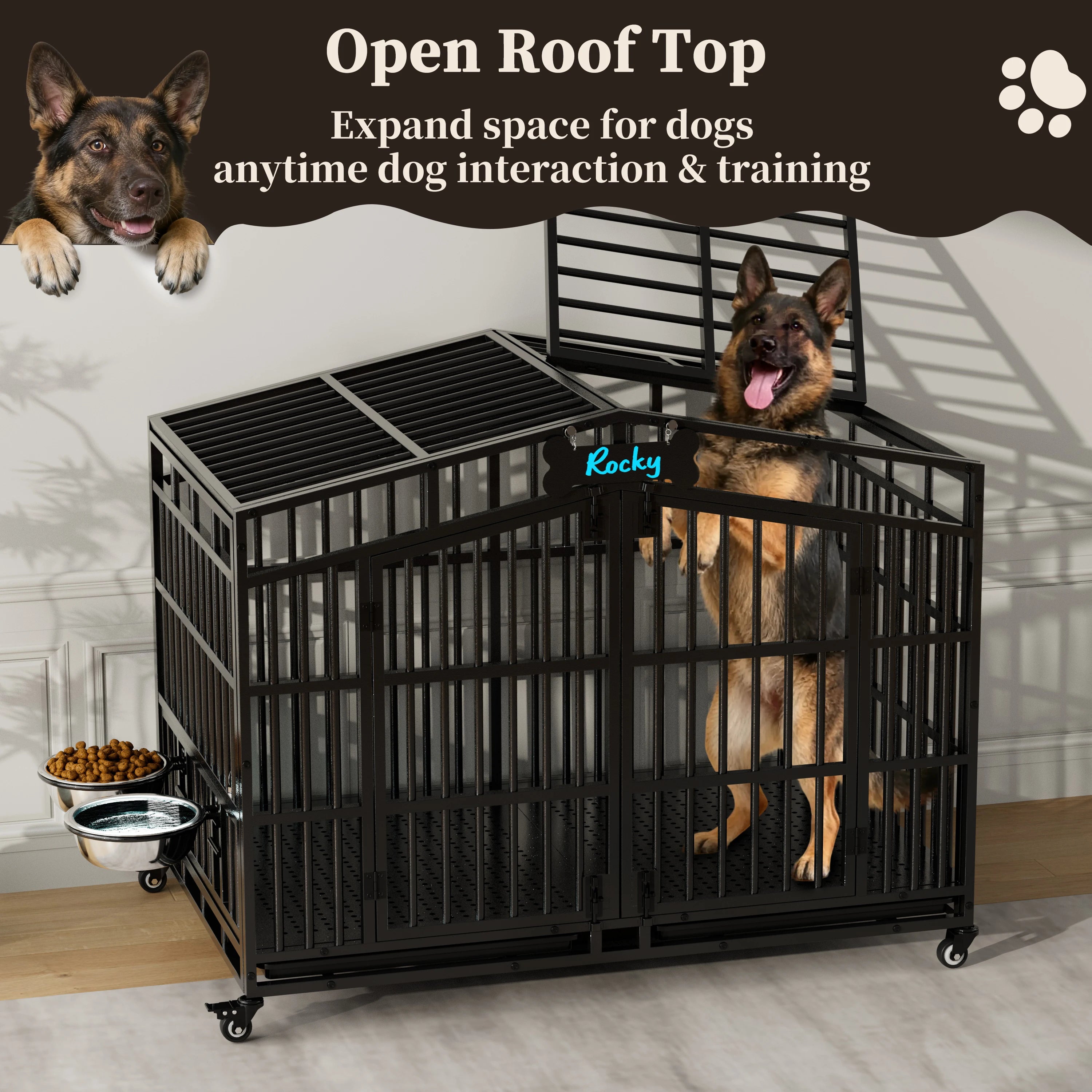 EasyCom 41"/48" Heavy Duty Dog Crate Extra Large Metal Dog Kennel w/ 2 Adjustable Bowls, Open Top & Lockable Wheels,for Big Dogs