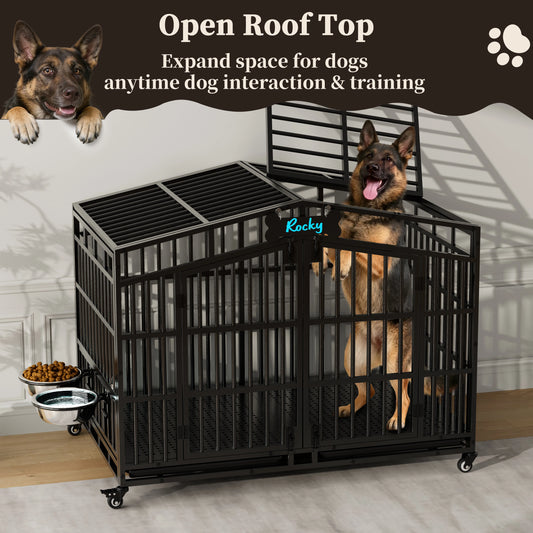 EasyCom Heavy Duty Metal Dog Crate with Bowls and Wheels