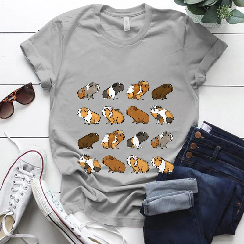 Kawaii Cartoon Guinea Pig Print T Shirt Women Fashion T Shirt Casual Tops 90s Girls Ladies Female Short Sleeve Cute Graphic Tees