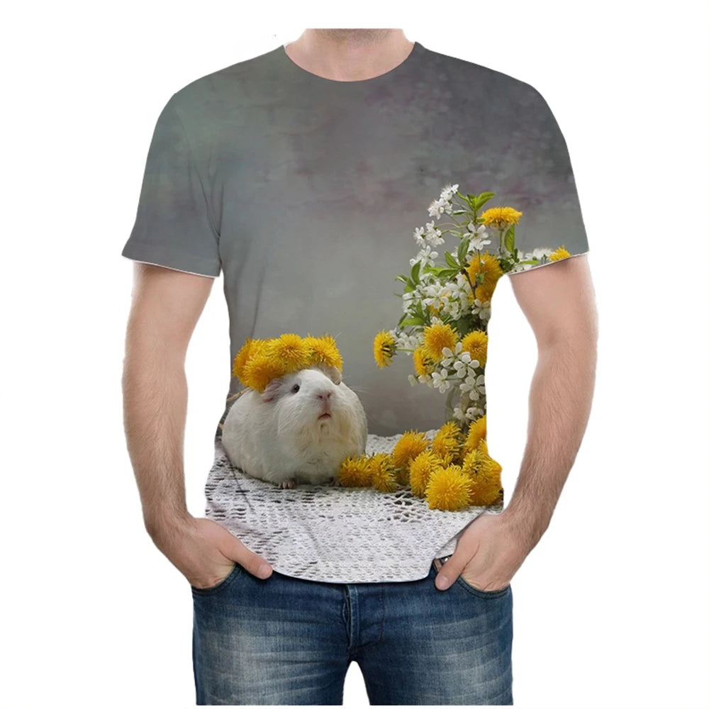 Summer new fashion novel animal guinea pig 3D printing cute guinea pig pattern casual comfortable short sleeved T-shirt