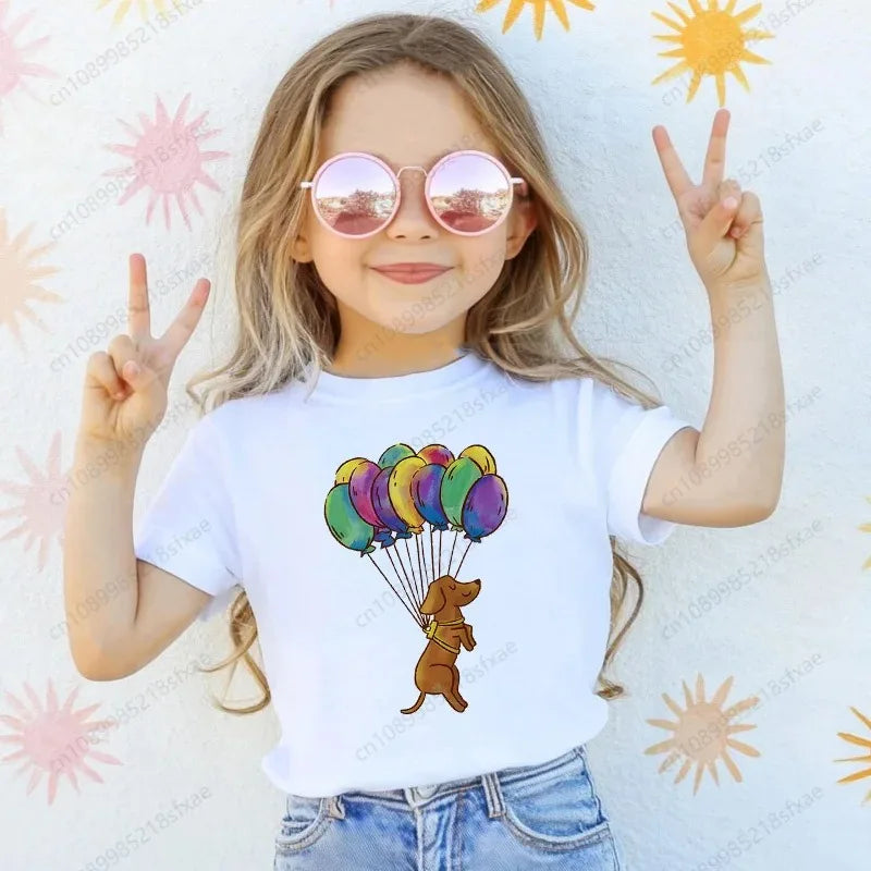 T-shirt with Dachshund Teckel dog print,fun t-shirts for babies,t-shirt for kids,white short-sleeve summer t-shirts for children
