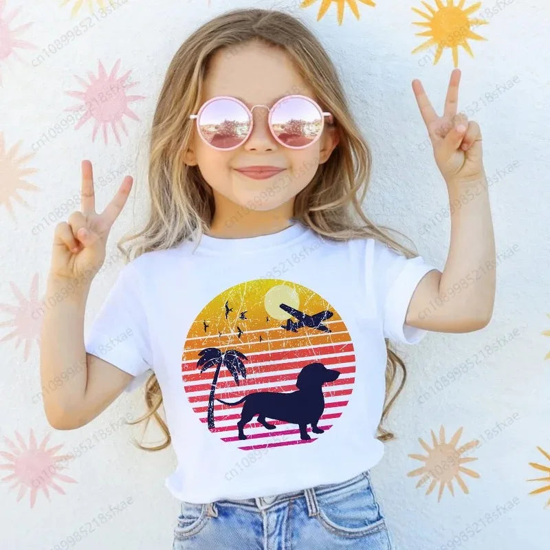 T-shirt with Dachshund Teckel dog print,fun t-shirts for babies,t-shirt for kids,white short-sleeve summer t-shirts for children