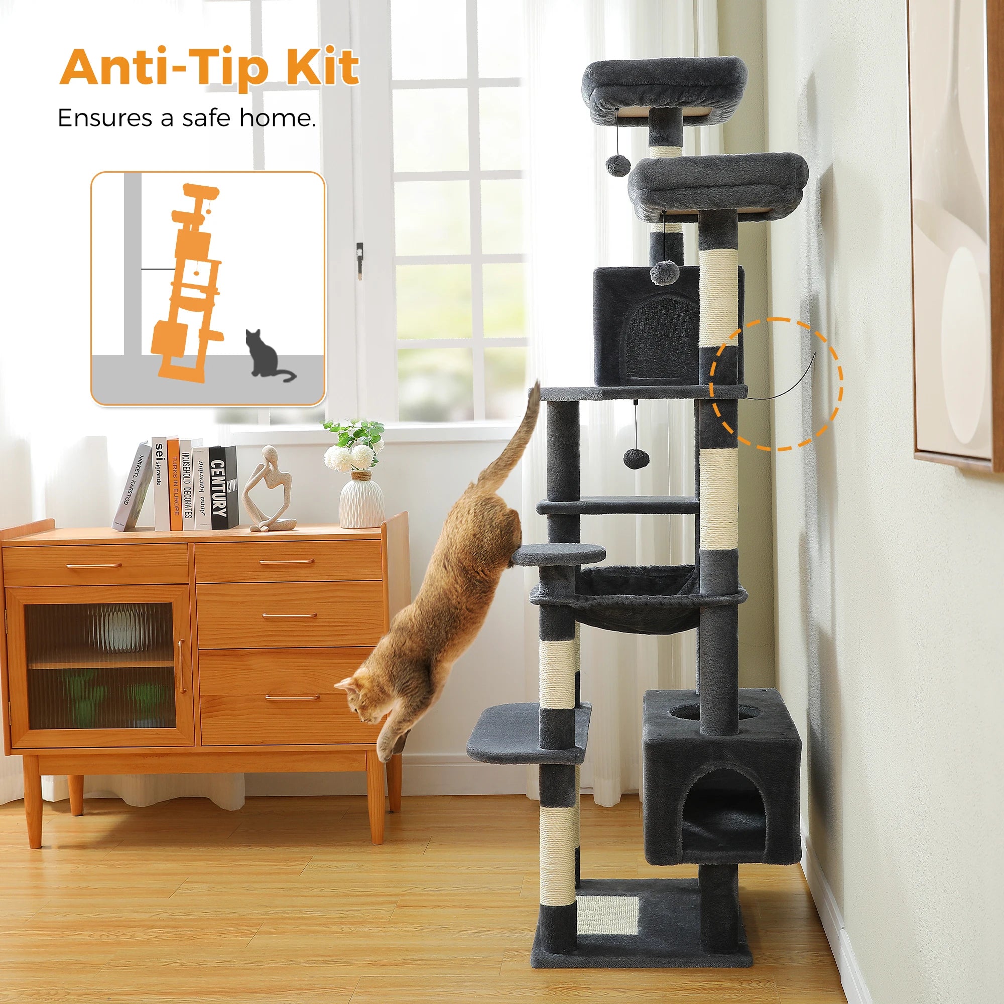 Multi-Level Cat Tree Tower with Scratching Posts&Board, Hammock, Cat Condo, Spacious Top Perch,Dangling Balls for Indoor Cats