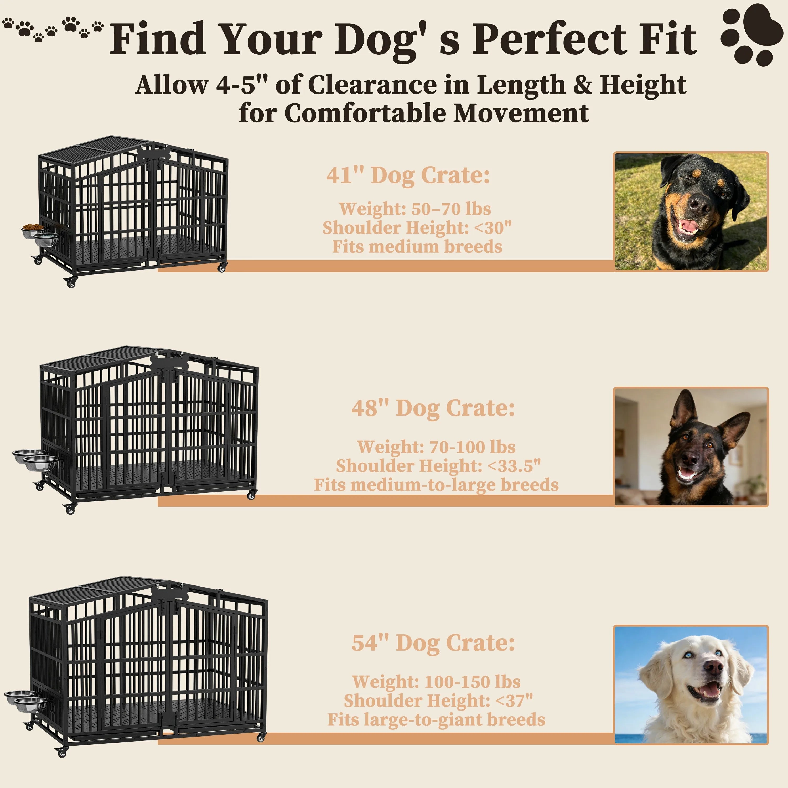 EasyCom 41"/48" Heavy Duty Dog Crate Extra Large Metal Dog Kennel w/ 2 Adjustable Bowls, Open Top & Lockable Wheels,for Big Dogs