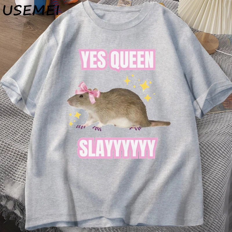 Yas Queen Slay T Shirt Humor Funny Cotton Short Sleeve Rat T-Shirt Men's Clothing Harajuku Retro Oversized Cotton T Shirt