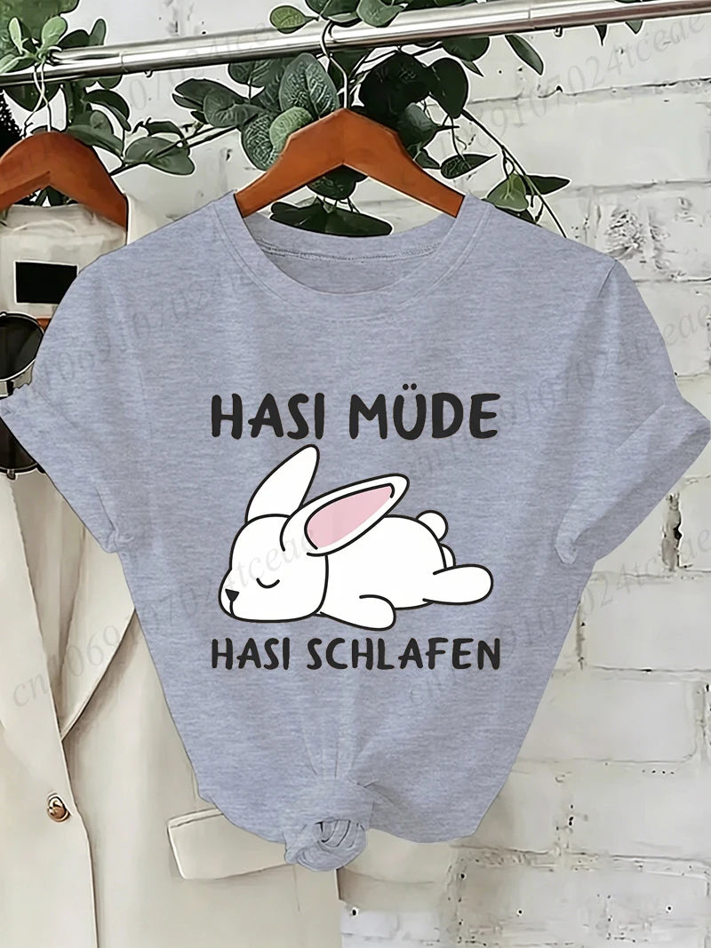 Bunny Is Tired T Shirts Lazy Bunny Graphic Tee Women Casual O Neck Short Sleeve Loose Streetwear Cute Rabbit Print T-Shirt Tops