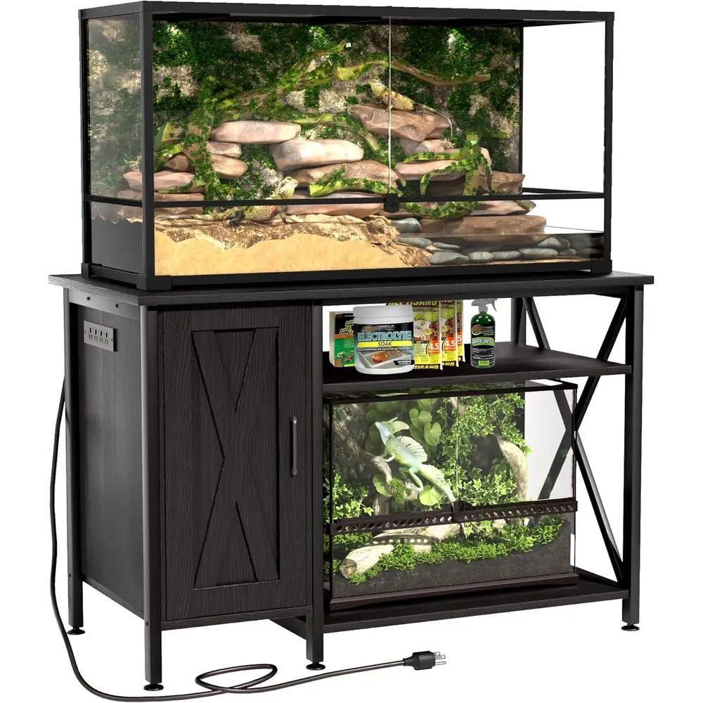 40-120 Gallon Black Reptile Tank Stand with Storage and Power Outlet, 48x24 Tabletop