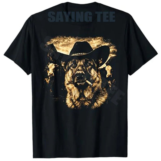 German Shepherd Western Graphic Cowboy Dog Smoking T-Shirt Ranch Farm Life Novelty Gift Men's Fashion Dog Dad Saying Tee Clothes