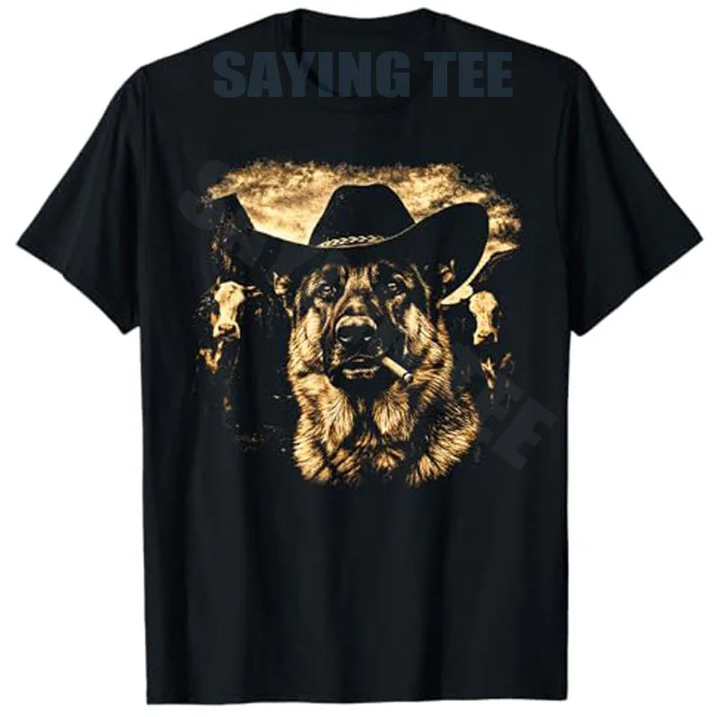 German Shepherd Western Graphic Cowboy Dog Smoking T-Shirt Ranch Farm Life Novelty Gift Men's Fashion Dog Dad Saying Tee Clothes
