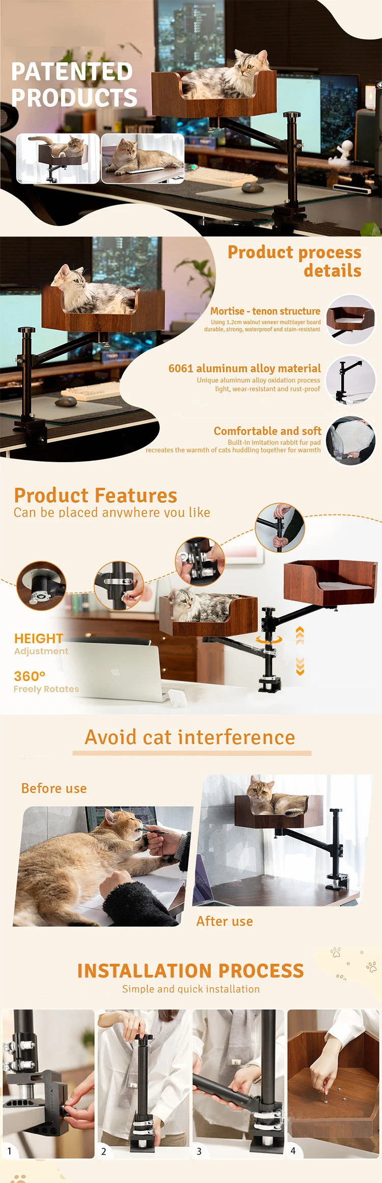 Height-Adjustable Wooden Cat Desk Bed - Metal Frame Safe Cat Rack, Top Choice for Cat Lovers