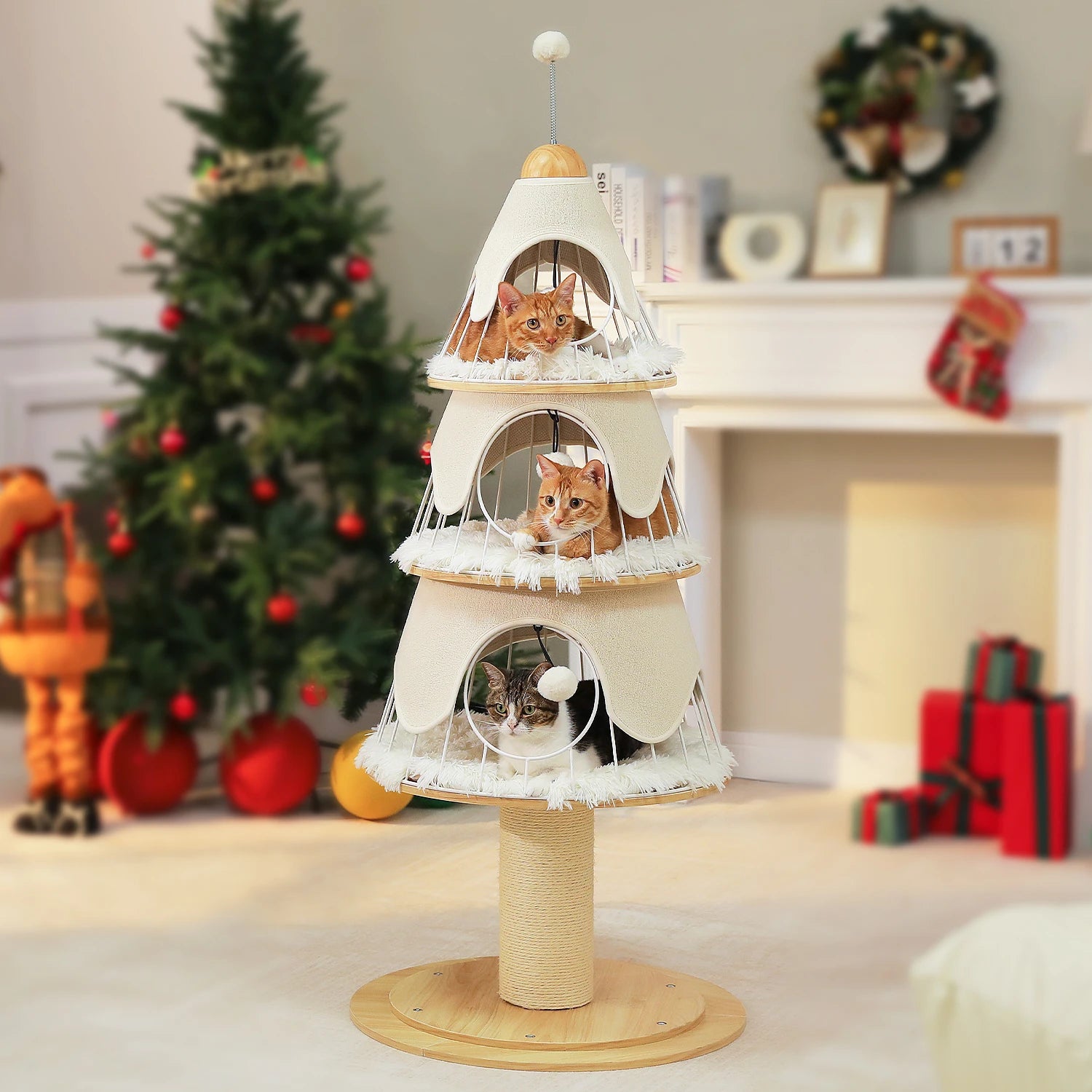 Christmas Cat Tree Tower with 3 Cozy Condos & Pompoms Multi-Level Cat House Bed for Indoor Cats Modern Cat Furniture Cat Toys