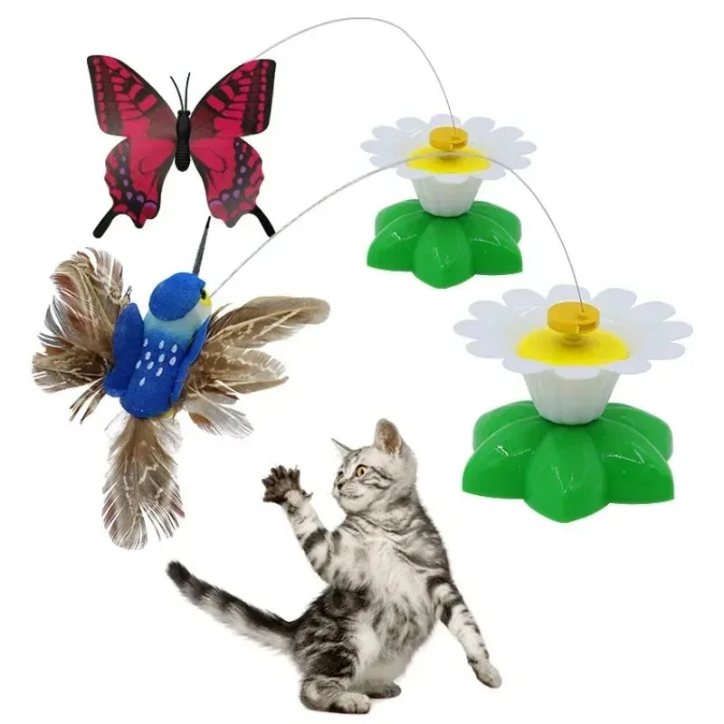 Electric Flying Bird Teasing Stick Rotating Interactive Cat Toy Automatically Spins Around Hummingbird Butterfly Play-Catch