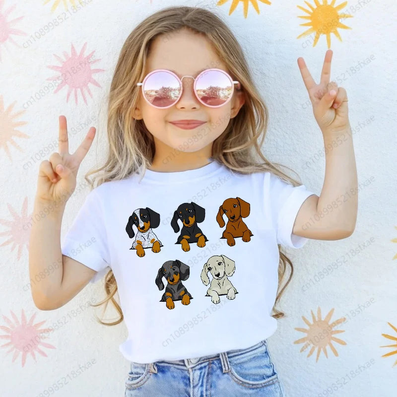 Dachshund Teckel Cute Dog Print Tee Funny T-shirts Baby Boy Girl Tshirt Kids Boys Top Child Summer Short Sleeve White Tops