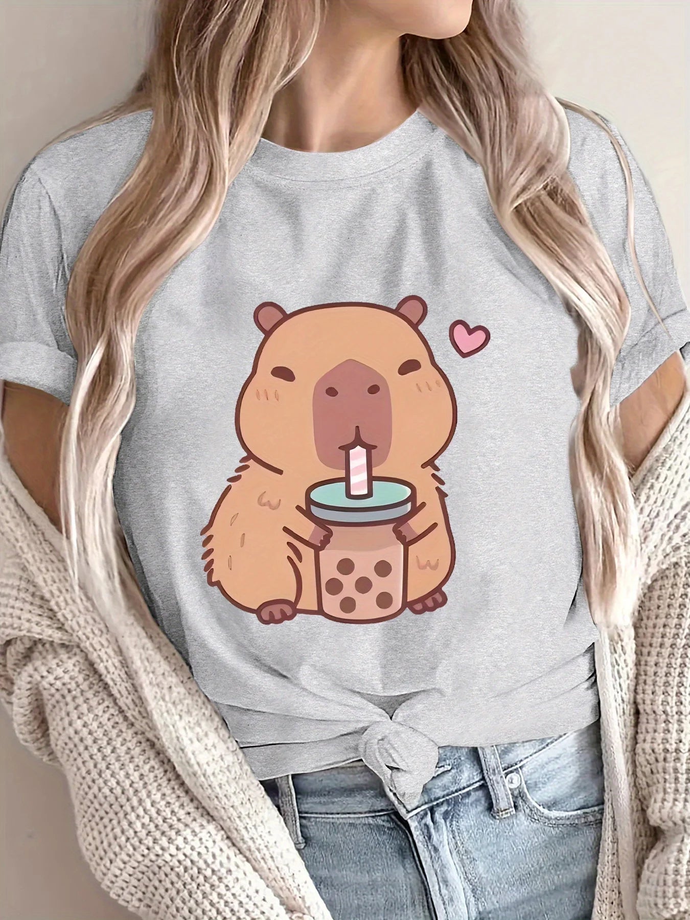 Women's Cute Capybara Boba Tee - Casual Short Sleeve Round Neck Polyester Knit Machine Washable Capybara T Shirt