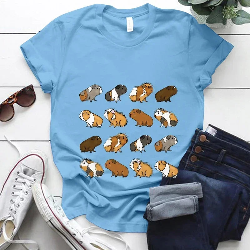 Kawaii Cartoon Guinea Pig Print T Shirt Women Fashion T Shirt Casual Tops 90s Girls Ladies Female Short Sleeve Cute Graphic Tees