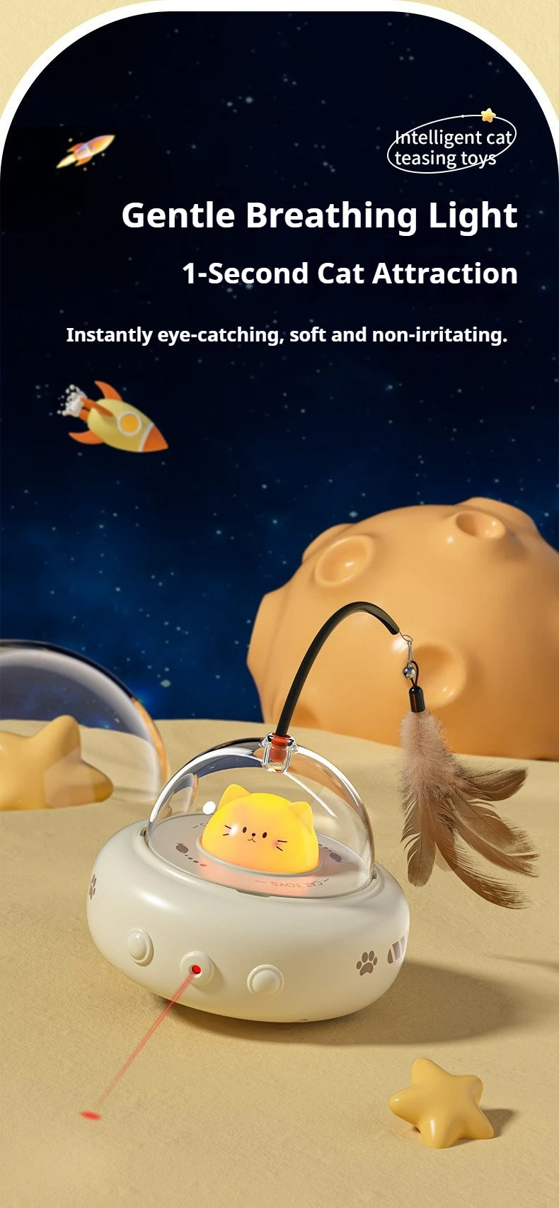 UFO 3-in-1 Automatic Interactive Cat Toy, Laser + Feather + Smart Obstacle Avoidance, USB Rechargeable