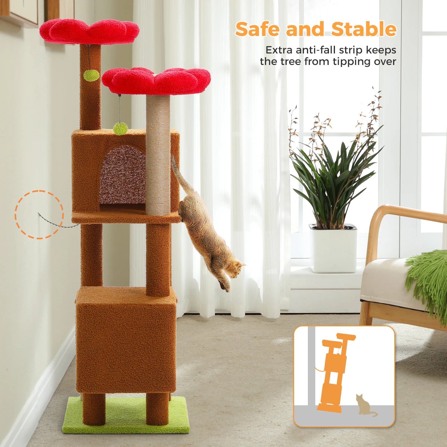 Cactus Cat Tree, 133cm Cat Tower for Indoor Cats, Cute Cat Tree with 2 Padded Perches, 2 Condos & 2 Scratching Posts