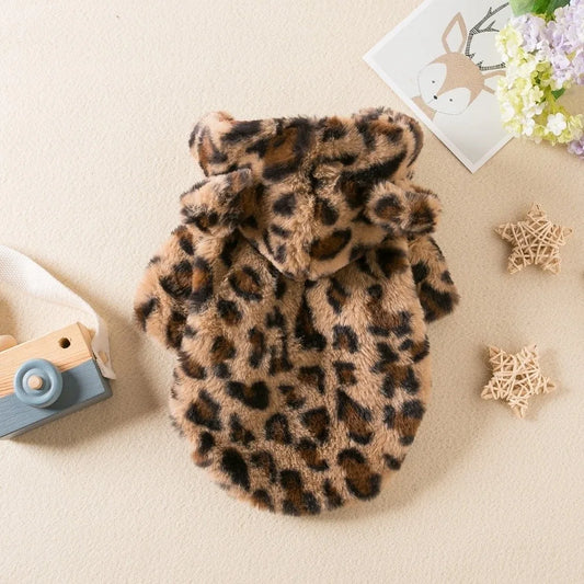 Fashion Leopard Print Dog Clothes Warm Fleece Thickened Dog Coat Jacket Teddy Pet Padded Coat Cat