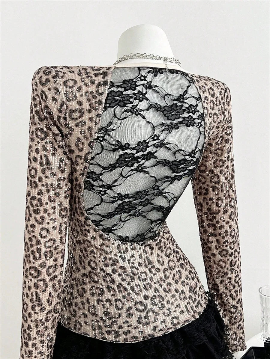 Benuynffy Leopard Print Scoop Neck Sequins T Shirt Women Spring Summer Fashion Long Sleeve Sexy Backless Lace Party Tops Tee