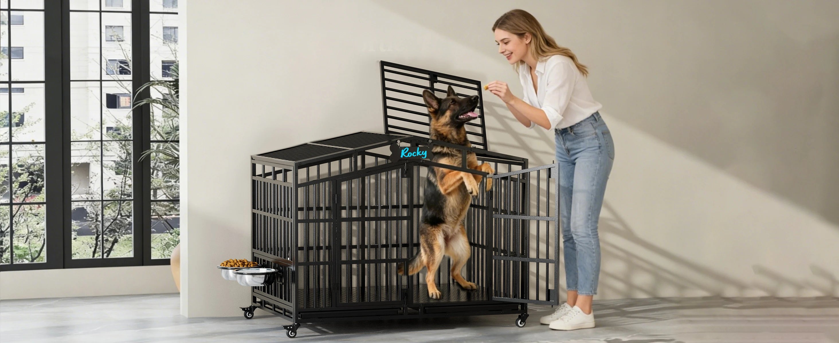 EasyCom 41"/48" Heavy Duty Dog Crate Extra Large Metal Dog Kennel w/ 2 Adjustable Bowls, Open Top & Lockable Wheels,for Big Dogs
