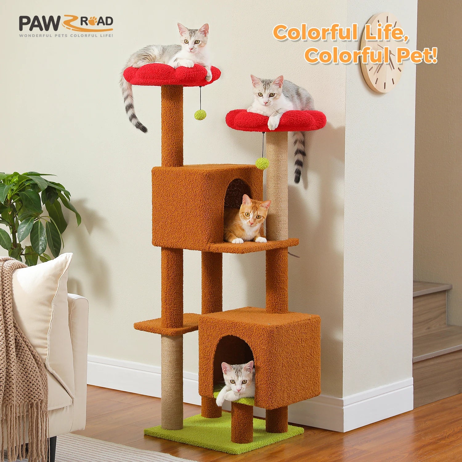 Cactus Cat Tree, 133cm Cat Tower for Indoor Cats, Cute Cat Tree with 2 Padded Perches, 2 Condos & 2 Scratching Posts