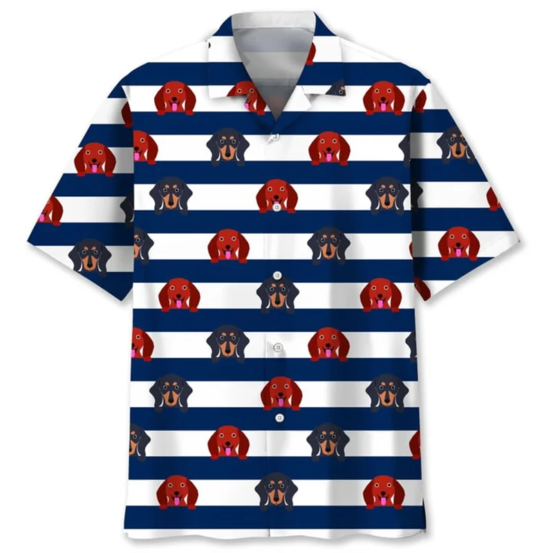 Cartoon Dachshund Dog 3d Printed Shirt For Men Animal Pets Graphics Short Sleeves Hawaiian Shirts Tops Loose Lapel Blouse