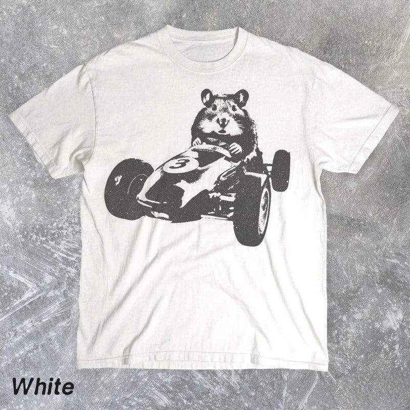 Funny Hamster Racing Y2K Retro Pattern T-shirt, Unisex Silly Hamster Aesthetic Shirt, 90s Retro Animal T-shirt, Humorous Gift
