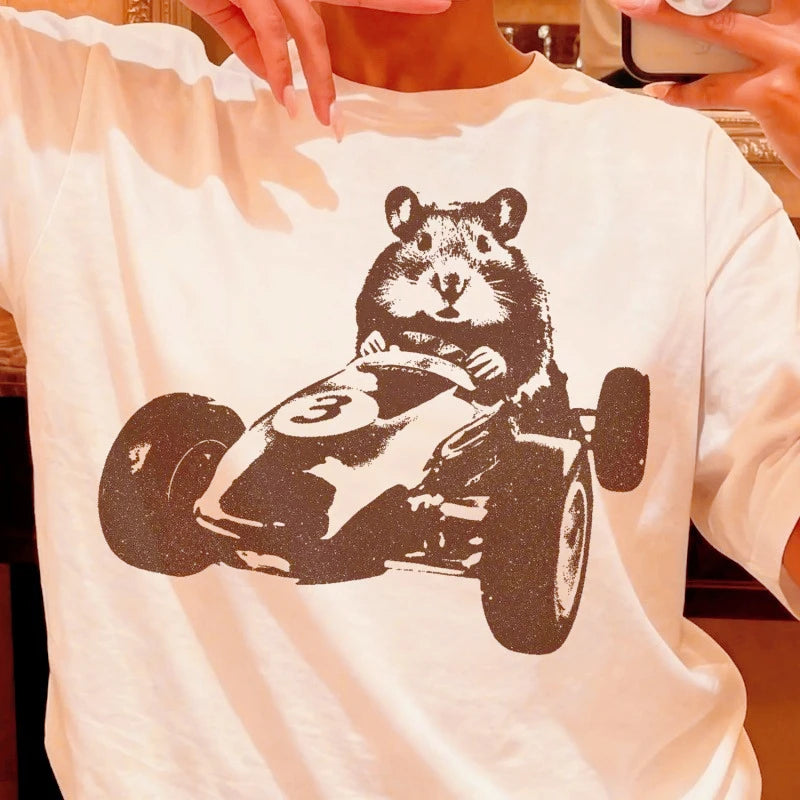 Funny Hamster Racing Y2K Retro Pattern T-shirt, Unisex Silly Hamster Aesthetic Shirt, 90s Retro Animal T-shirt, Humorous Gift