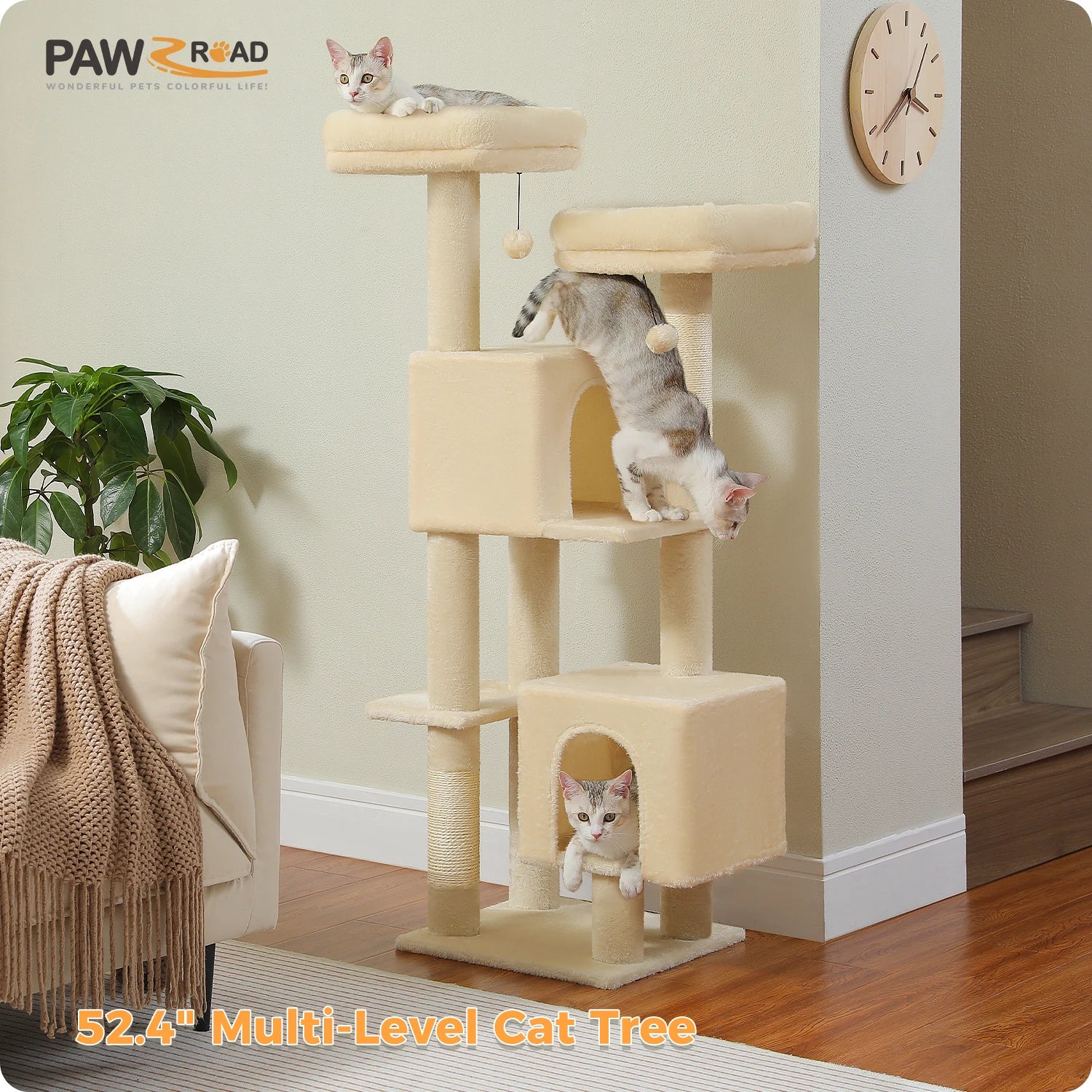Cactus Cat Tree, 133cm Cat Tower for Indoor Cats, Cute Cat Tree with 2 Padded Perches, 2 Condos & 2 Scratching Posts
