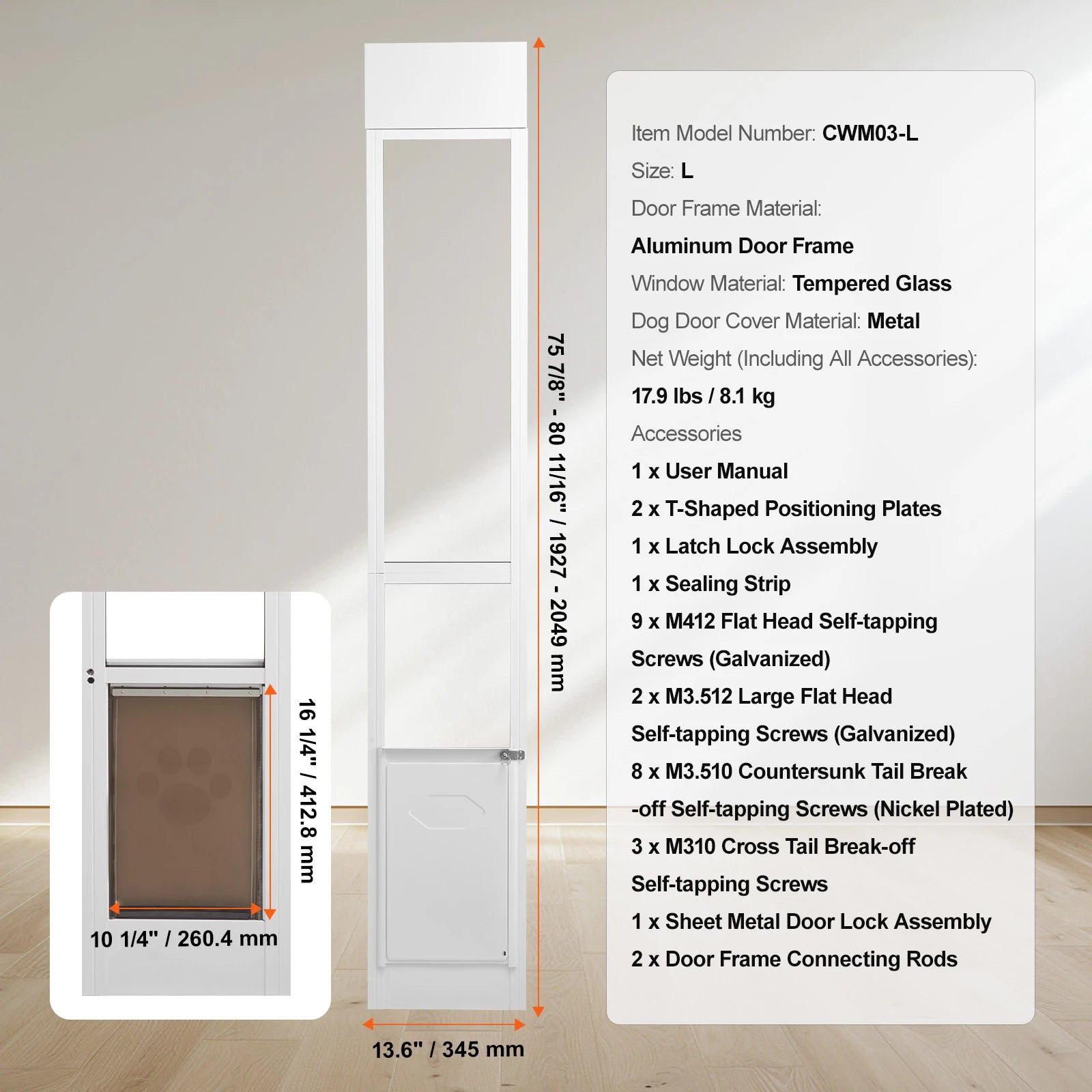 SucceBuy Dog Door Sliding Glass Door Adjustable Height Doggy Door Sliding Doors Aluminum Frame Tempered Glass Pet Door