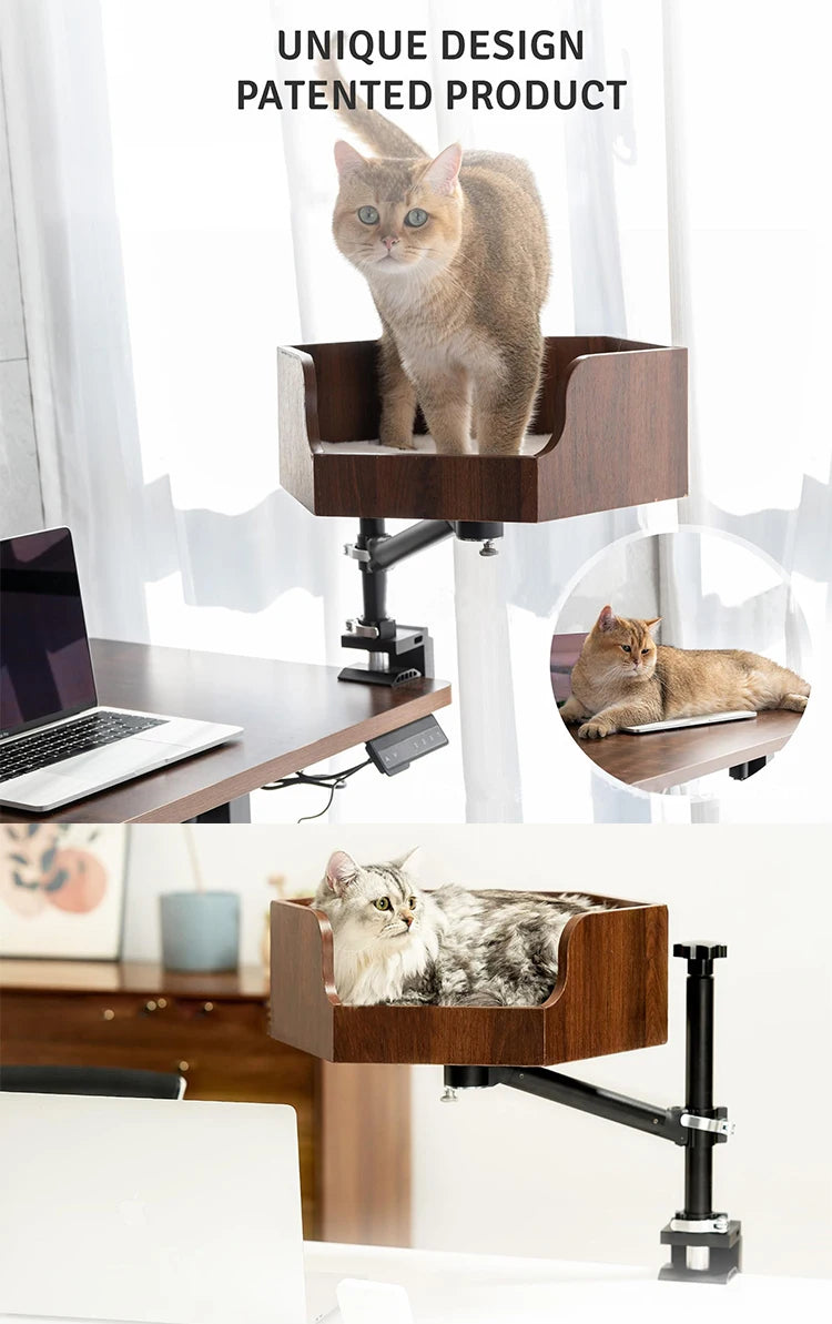 Height-Adjustable Wooden Cat Desk Bed - Metal Frame Safe Cat Rack, Top Choice for Cat Lovers
