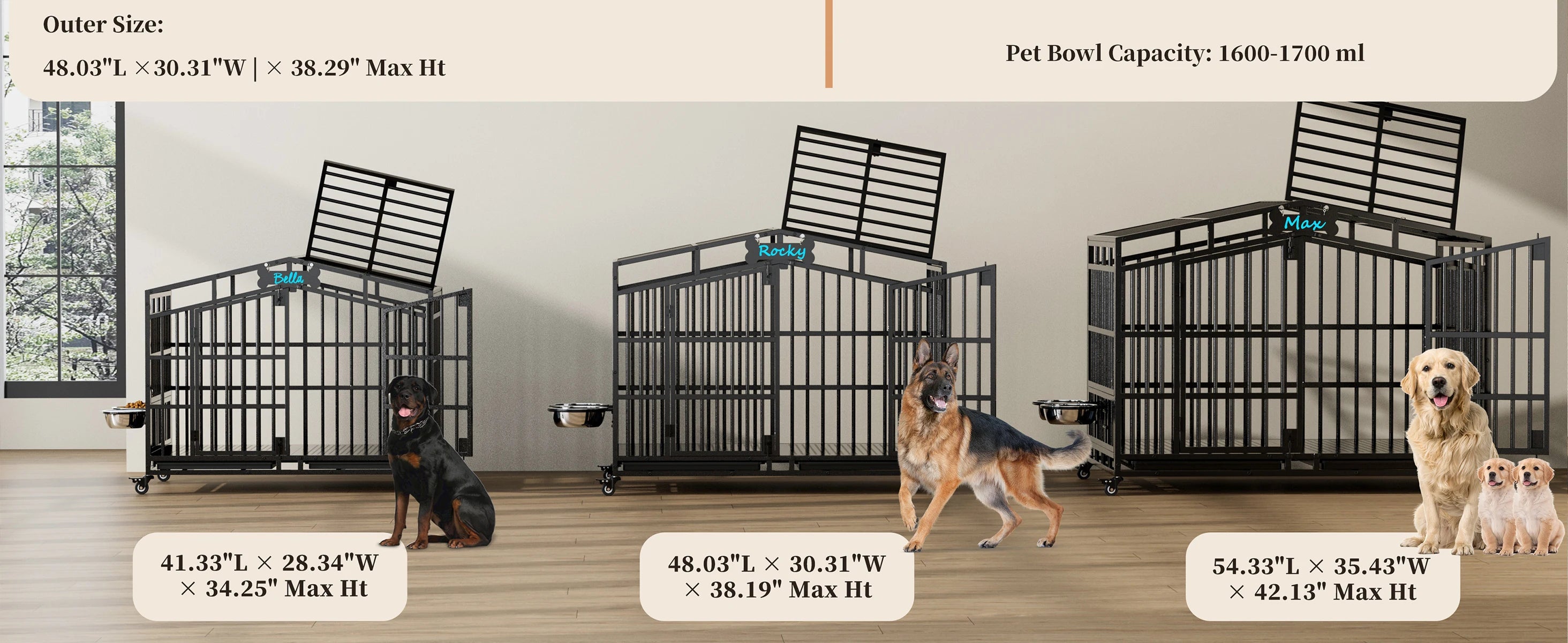 EasyCom 41"/48" Heavy Duty Dog Crate Extra Large Metal Dog Kennel w/ 2 Adjustable Bowls, Open Top & Lockable Wheels,for Big Dogs