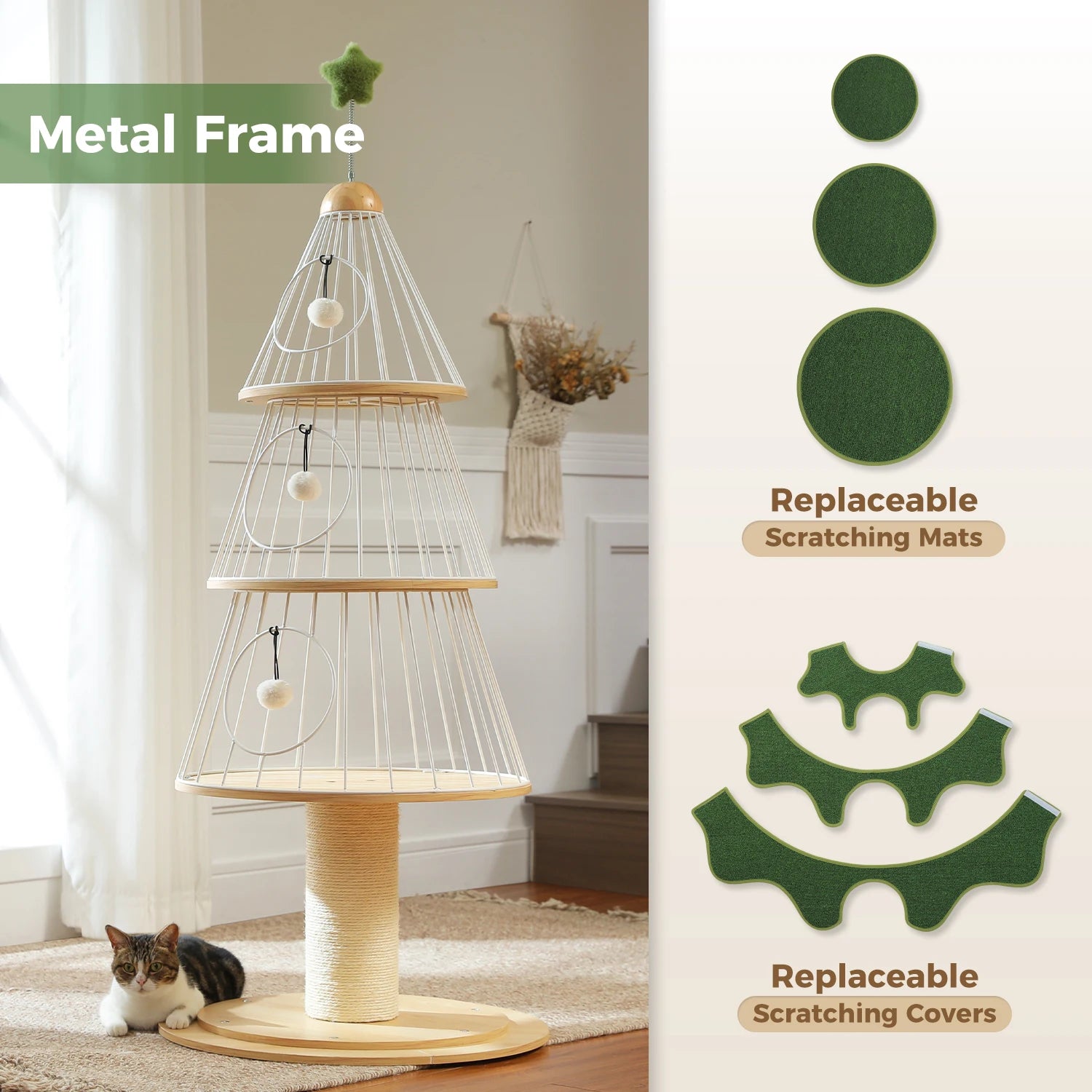 Christmas Cat Tree Tower with 3 Cozy Condos & Pompoms Multi-Level Cat House Bed for Indoor Cats Modern Cat Furniture Cat Toys