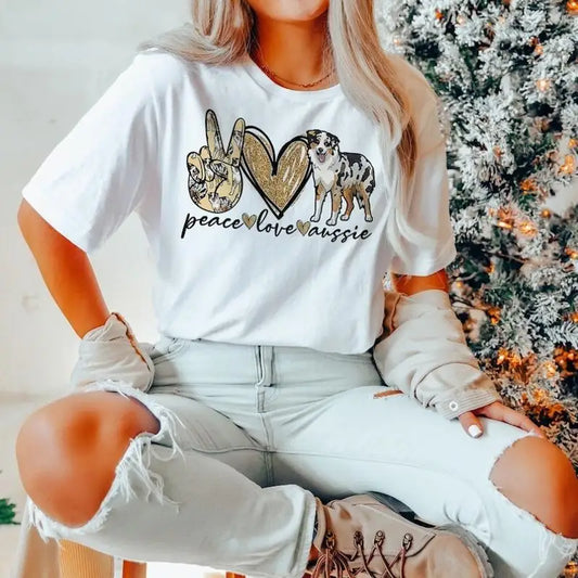 Peace Love Aussie Shirt - Australian Shepherd Owner T-Shirt - Dog Mom Apparel...