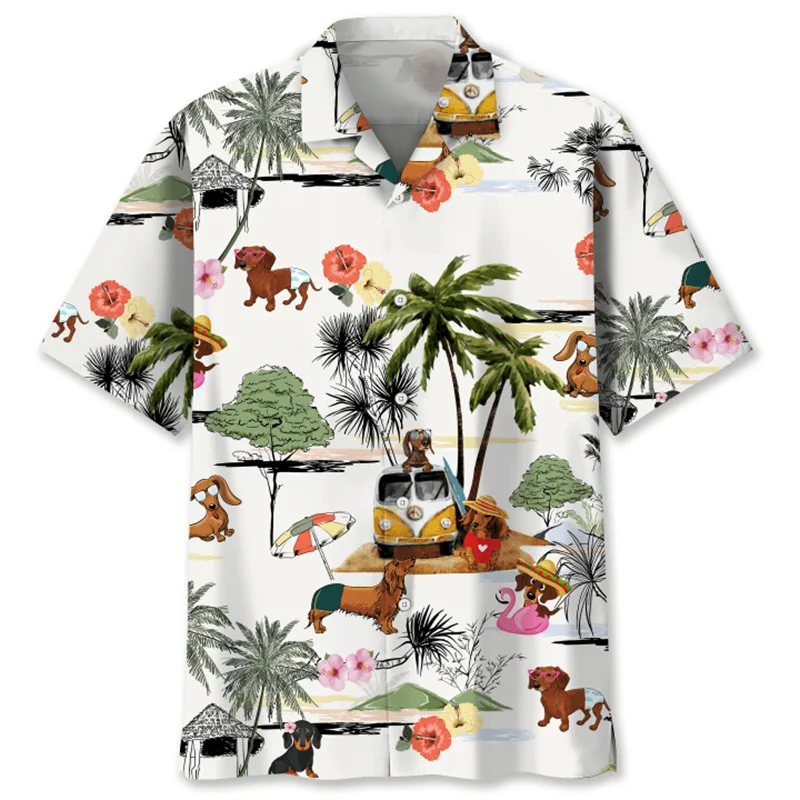 Cartoon Dachshund Dog 3d Printed Shirt For Men Animal Pets Graphics Short Sleeves Hawaiian Shirts Tops Loose Lapel Blouse