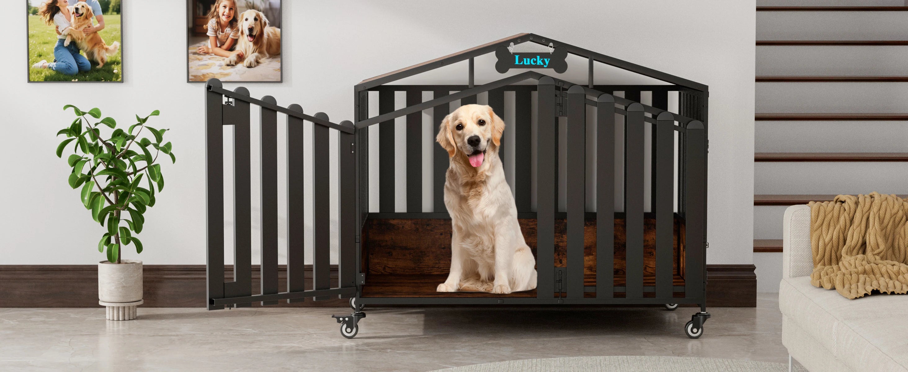 31"/41"/48“ XL Heavy Duty Dog Crate Furniture with Wheels, Dog Crates for Large Dogs Extra-Wide Thick Steel Plates for Chew Res