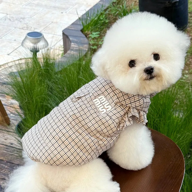 Blue Checkered Dog Clothes Teddy Winter Thickened Cotton Coat Yorkshire Warm-Weather Outerwear with Traction Buckle