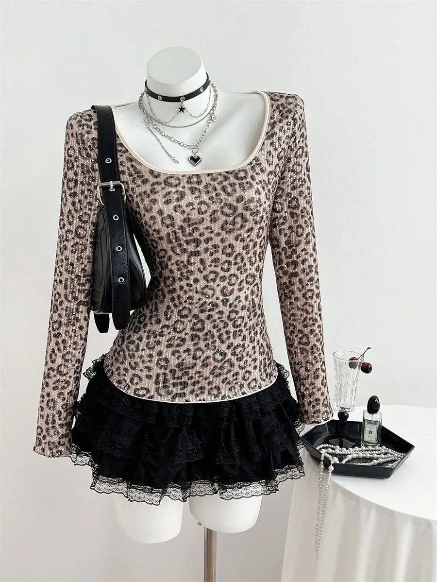 Benuynffy Leopard Print Scoop Neck Sequins T Shirt Women Spring Summer Fashion Long Sleeve Sexy Backless Lace Party Tops Tee