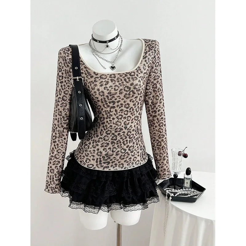 Benuynffy Leopard Print Scoop Neck Sequins T Shirt Women Spring Summer Fashion Long Sleeve Sexy Backless Lace Party Tops Tee