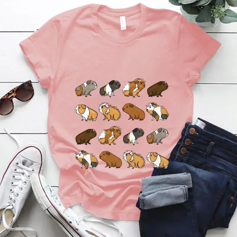Kawaii Cartoon Guinea Pig Print T Shirt Women Fashion T Shirt Casual Tops 90s Girls Ladies Female Short Sleeve Cute Graphic Tees
