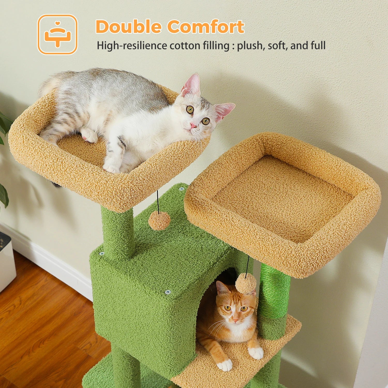 Cactus Cat Tree, 133cm Cat Tower for Indoor Cats, Cute Cat Tree with 2 Padded Perches, 2 Condos & 2 Scratching Posts