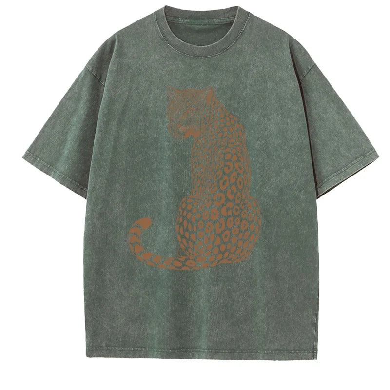 Leopard Tiger T-Shirt Vintage Washed Unisex Boho Animal T Shirt Men Women Nature Lover Tee Casual Round Neck Tops