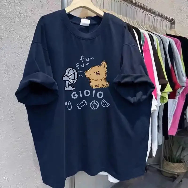 Women's Cute Dog Print Oversized T-shirt Cotton Plus Size Casual Summer Top