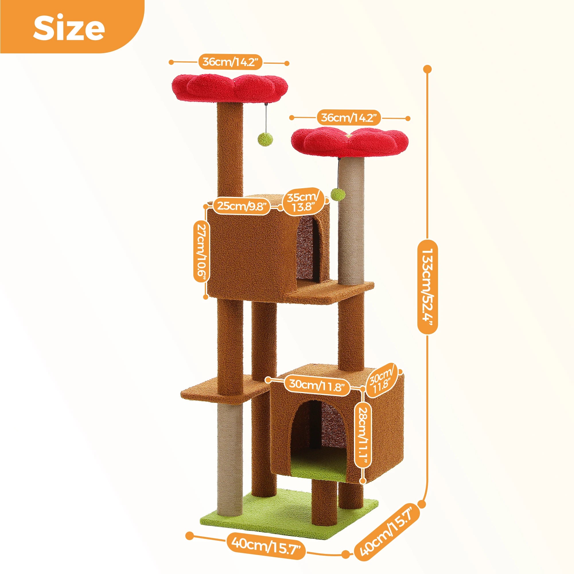 Cactus Cat Tree, 133cm Cat Tower for Indoor Cats, Cute Cat Tree with 2 Padded Perches, 2 Condos & 2 Scratching Posts
