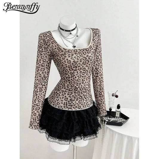 Benuynffy Leopard Print Scoop Neck Sequins T Shirt Women Spring Summer Fashion Long Sleeve Sexy Backless Lace Party Tops Tee