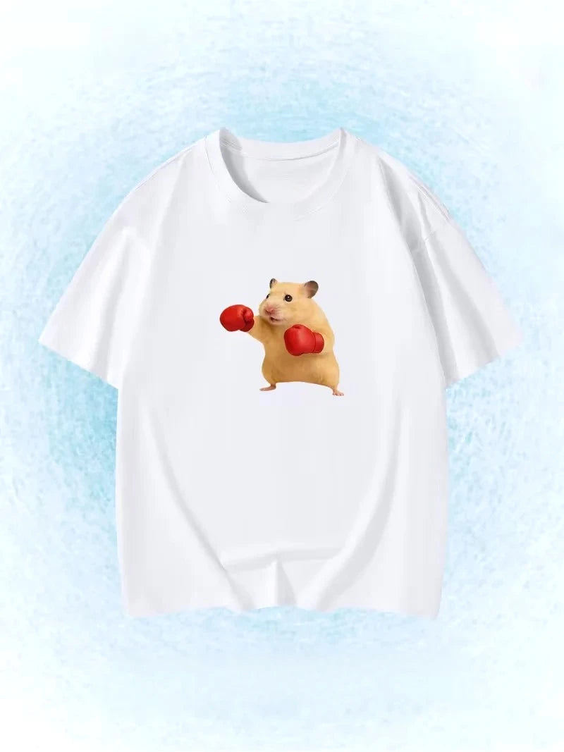 Funny Snowboarding Hamster Animal Print T-Shirt Cute Meme Loose Short Sleeve Unisex Casual Summer Top for Women Daily Y2k Tops