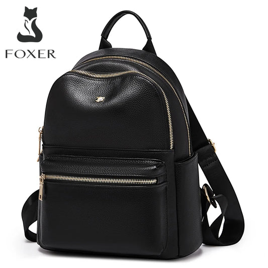 FOXER Brand Genuine Leather + Microfiber Women's Backpack Fashion Female Travel Bag Large Capacity Waterproof Backpack