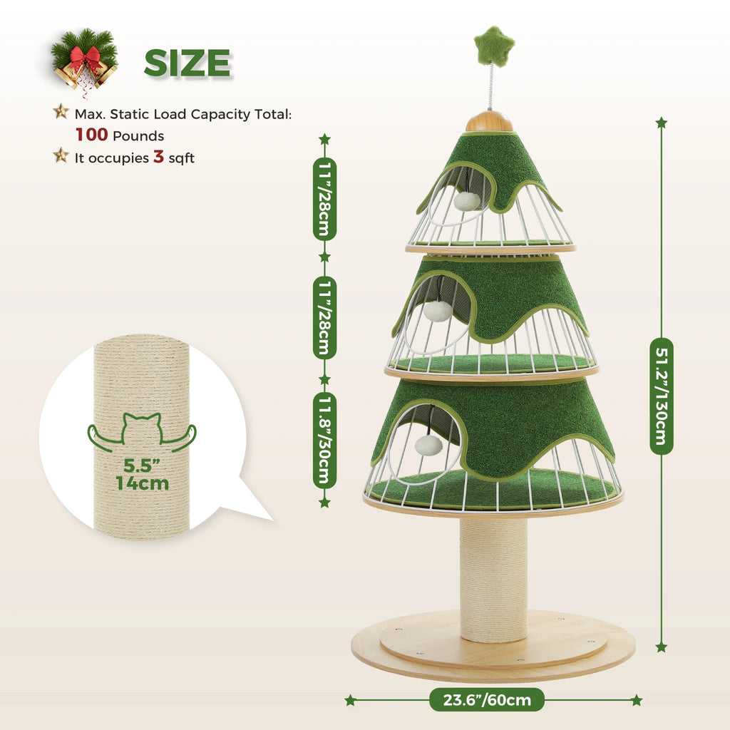 Christmas Cat Tree Tower with 3 Cozy Condos & Pompoms Multi-Level Cat House Bed for Indoor Cats Modern Cat Furniture Cat Toys